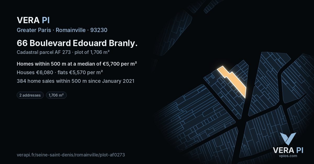 66 Boulevard Edouard Branly, Romainville at night – the plot lit, the parcels around coloured by the prices near them
