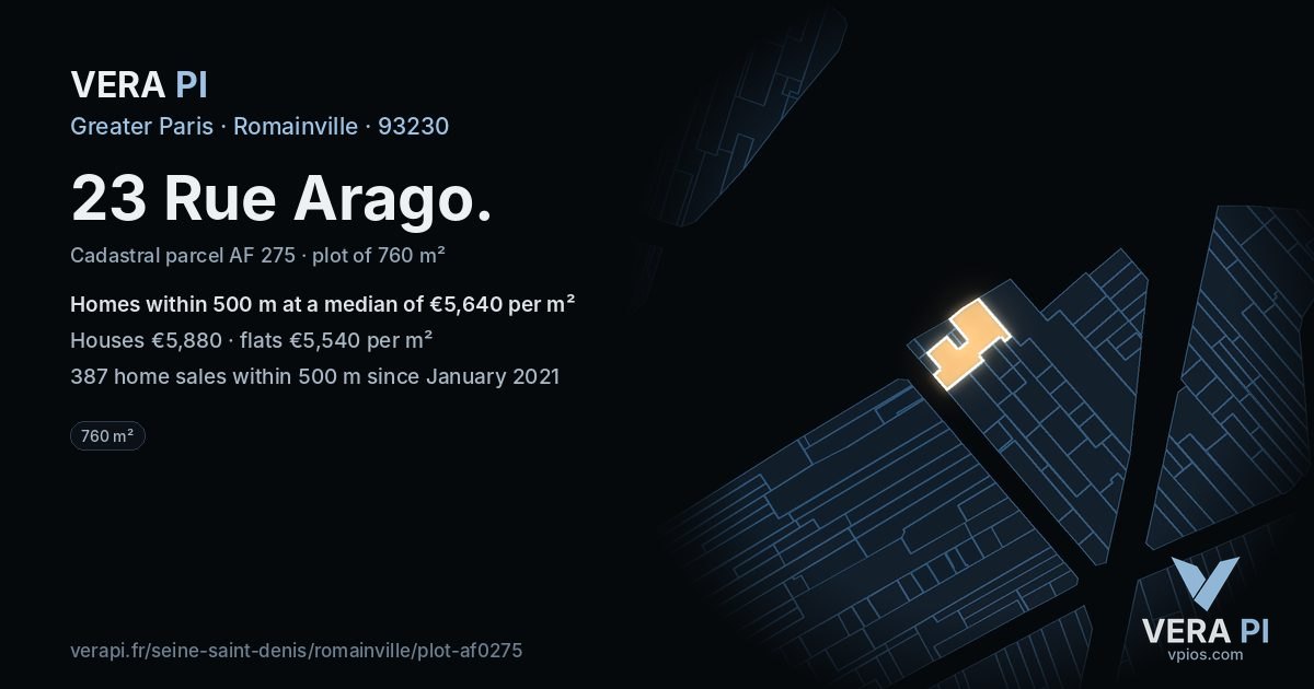 23 Rue Arago, Romainville at night – the plot lit, the parcels around coloured by the prices near them