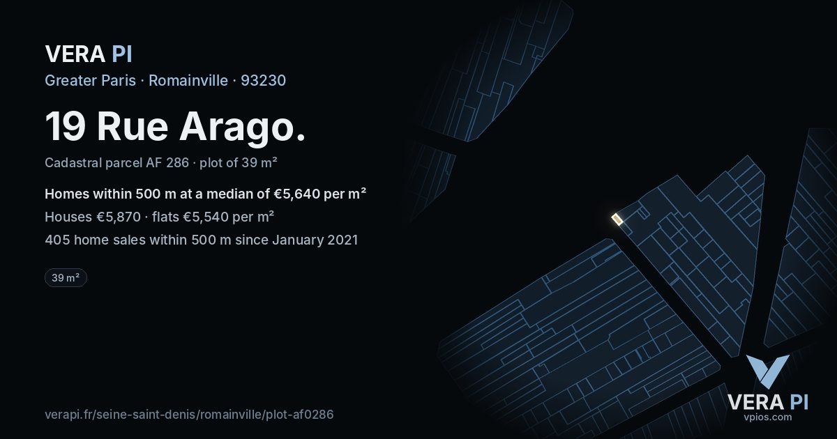 19 Rue Arago, Romainville at night – the plot lit, the parcels around coloured by the prices near them