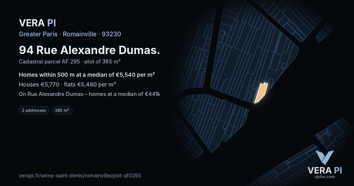 94 Rue Alexandre Dumas, Romainville at night – the plot lit, the parcels around coloured by the prices near them