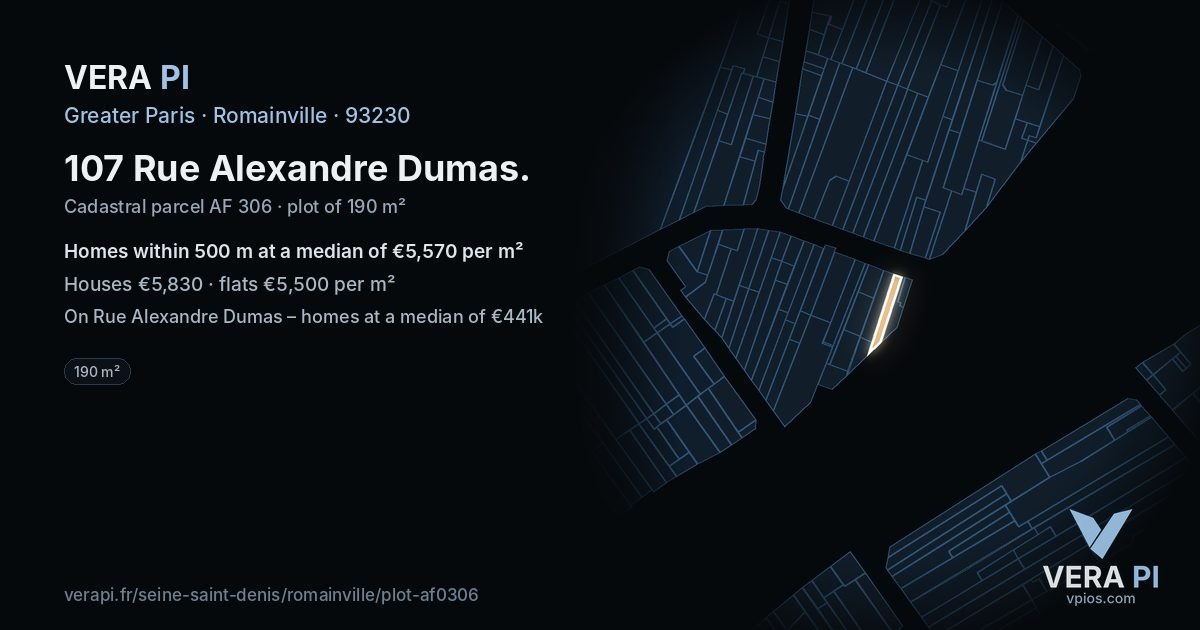 107 Rue Alexandre Dumas, Romainville at night – the plot lit, the parcels around coloured by the prices near them