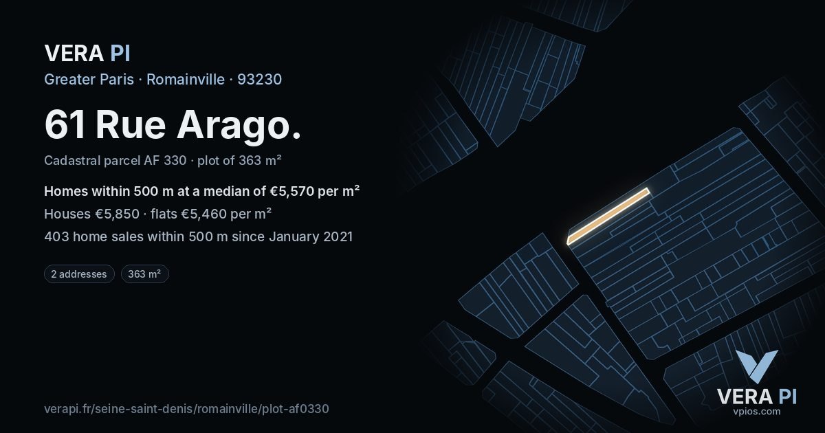 61 Rue Arago, Romainville at night – the plot lit, the parcels around coloured by the prices near them