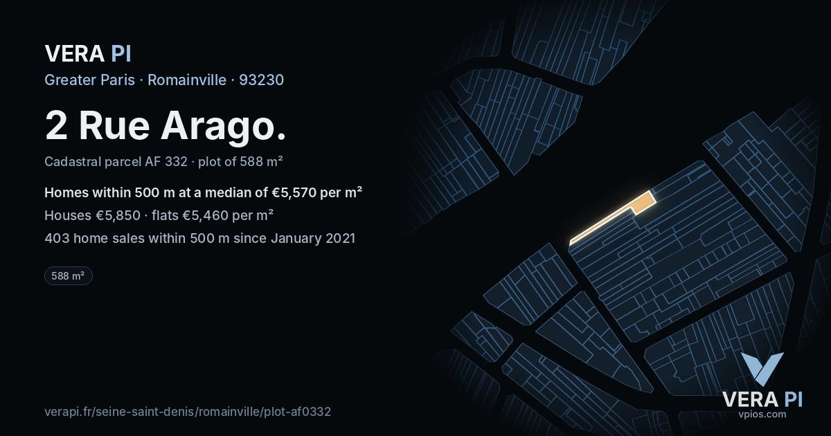 2 Rue Arago, Romainville at night – the plot lit, the parcels around coloured by the prices near them