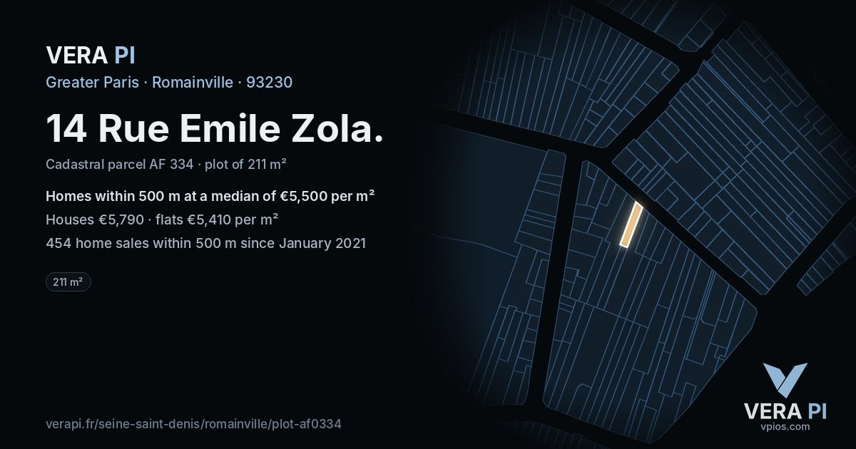 14 Rue Emile Zola, Romainville at night – the plot lit, the parcels around coloured by the prices near them