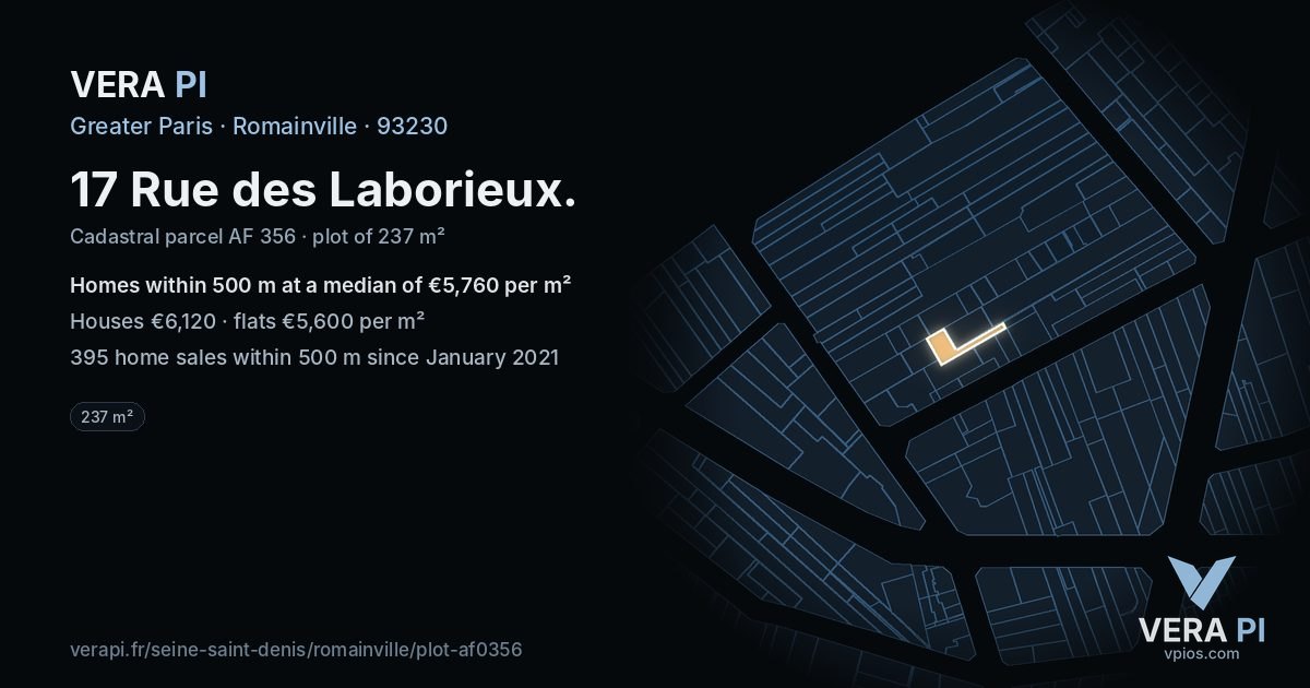 17 Rue des Laborieux, Romainville at night – the plot lit, the parcels around coloured by the prices near them