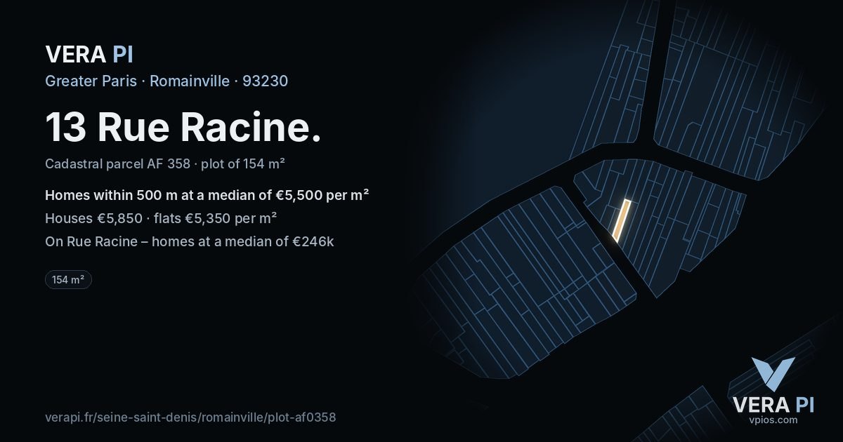13 Rue Racine, Romainville at night – the plot lit, the parcels around coloured by the prices near them