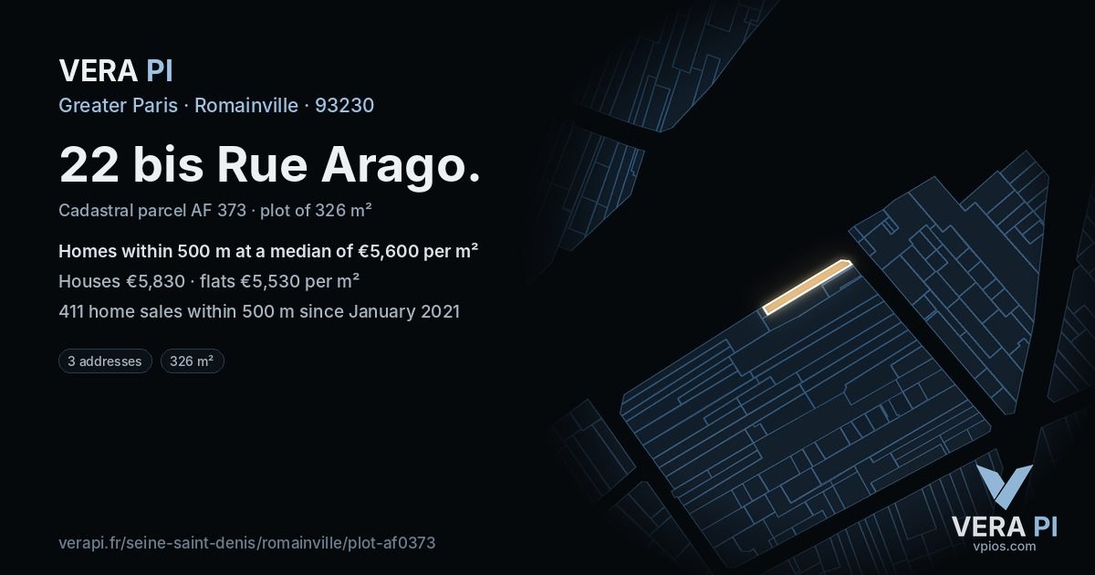 22 bis Rue Arago, Romainville at night – the plot lit, the parcels around coloured by the prices near them