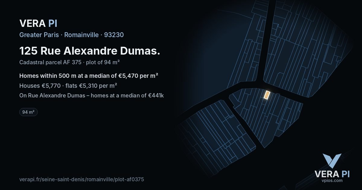 125 Rue Alexandre Dumas, Romainville at night – the plot lit, the parcels around coloured by the prices near them