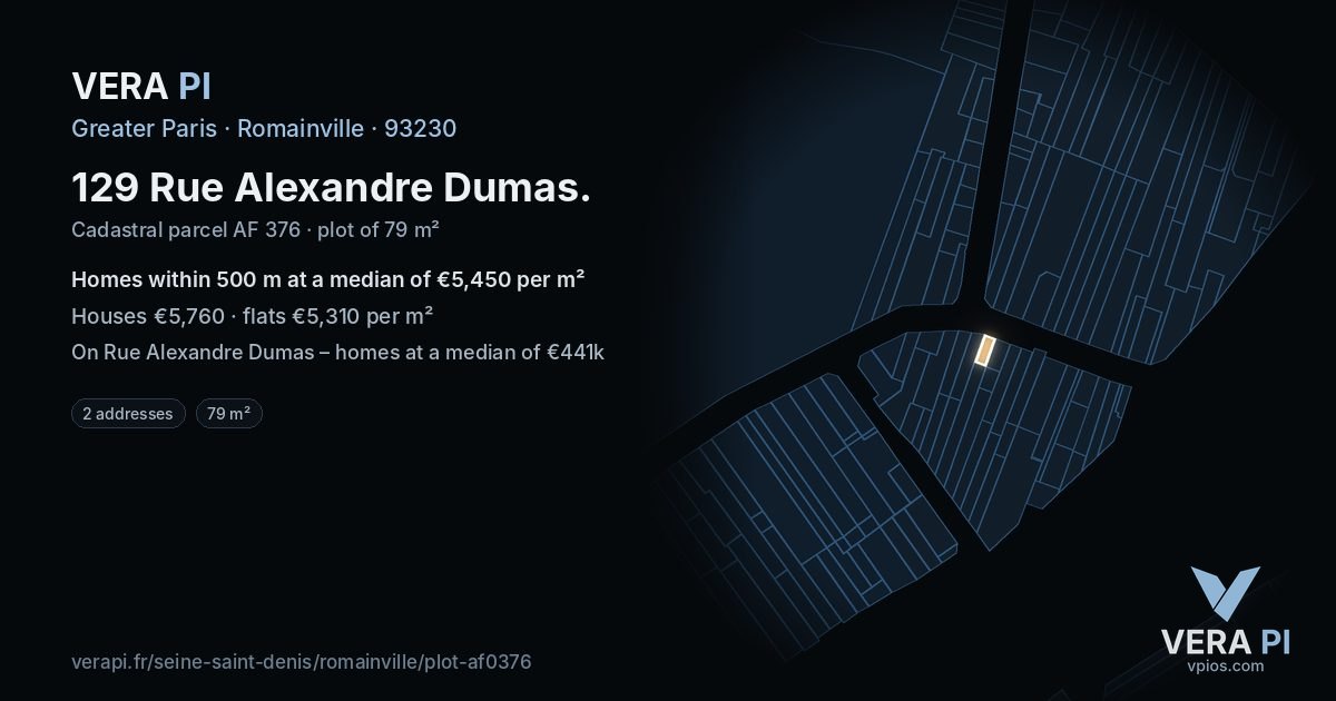 129 Rue Alexandre Dumas, Romainville at night – the plot lit, the parcels around coloured by the prices near them