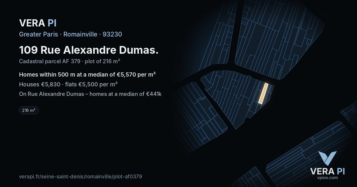 109 Rue Alexandre Dumas, Romainville at night – the plot lit, the parcels around coloured by the prices near them