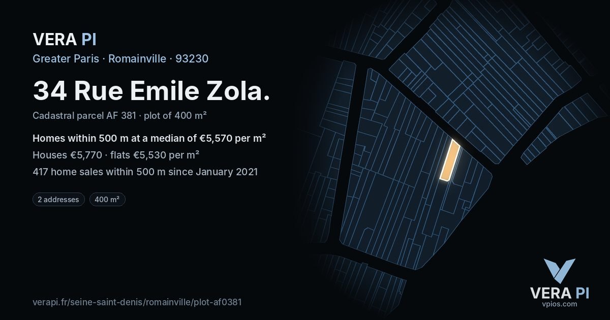 34 Rue Emile Zola, Romainville at night – the plot lit, the parcels around coloured by the prices near them