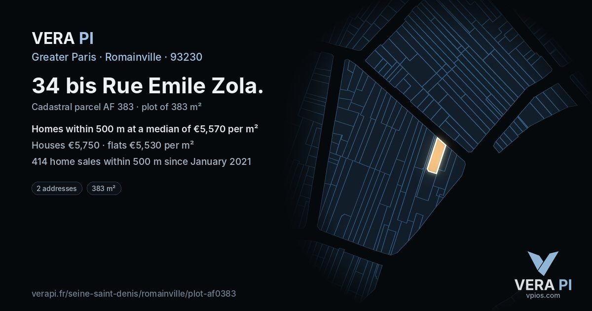 34 bis Rue Emile Zola, Romainville at night – the plot lit, the parcels around coloured by the prices near them