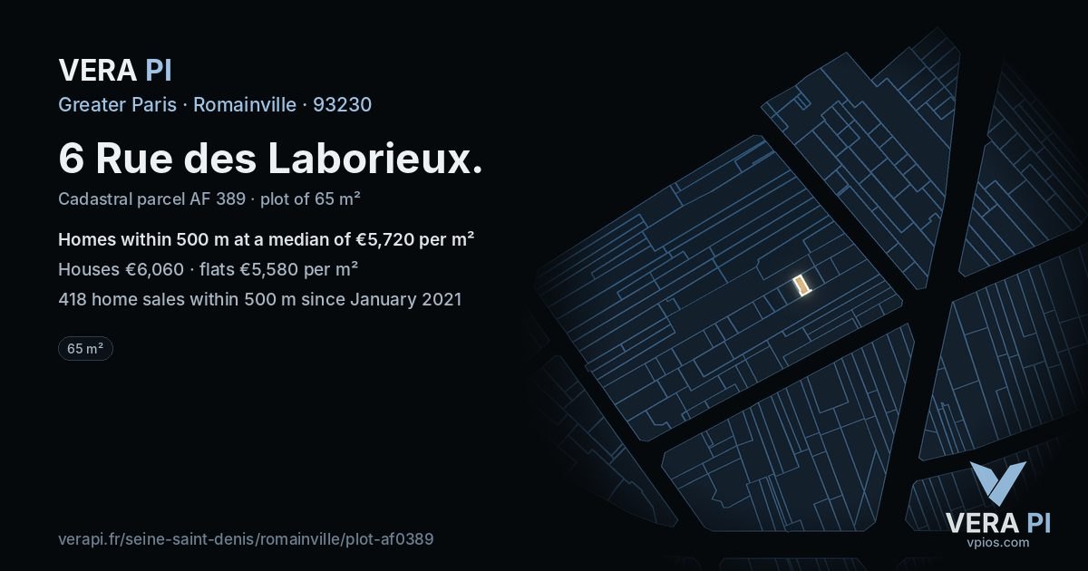 6 Rue des Laborieux, Romainville at night – the plot lit, the parcels around coloured by the prices near them