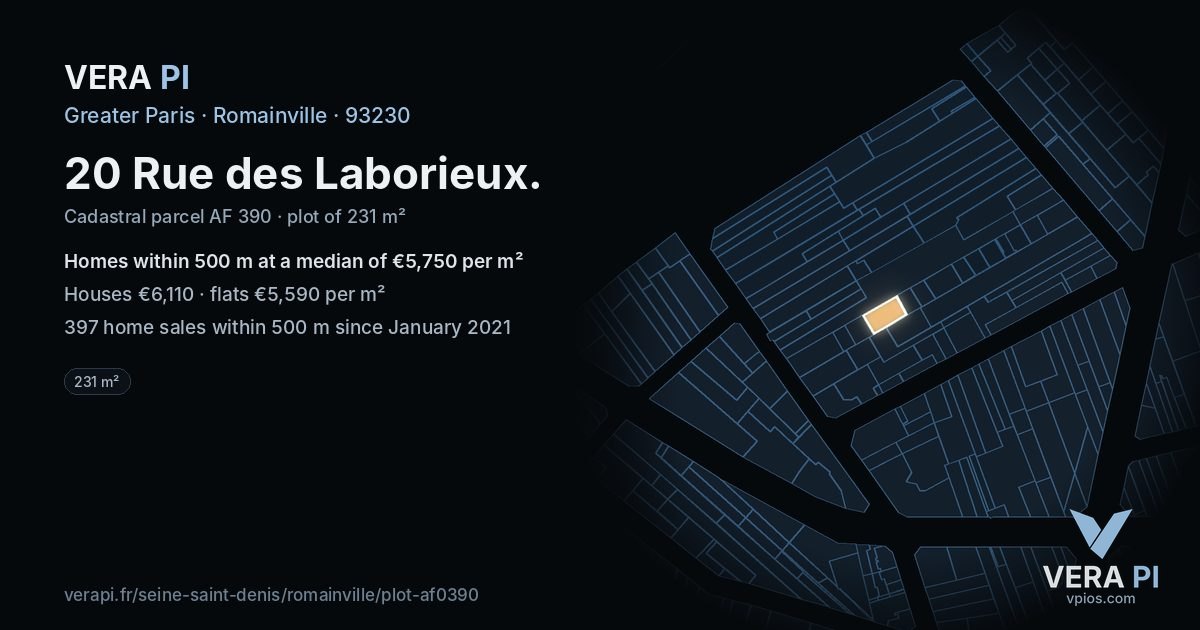 20 Rue des Laborieux, Romainville at night – the plot lit, the parcels around coloured by the prices near them