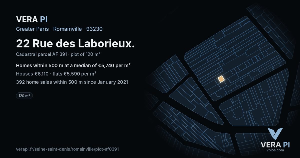 22 Rue des Laborieux, Romainville at night – the plot lit, the parcels around coloured by the prices near them