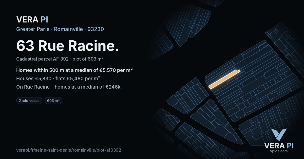 63 Rue Racine, Romainville at night – the plot lit, the parcels around coloured by the prices near them