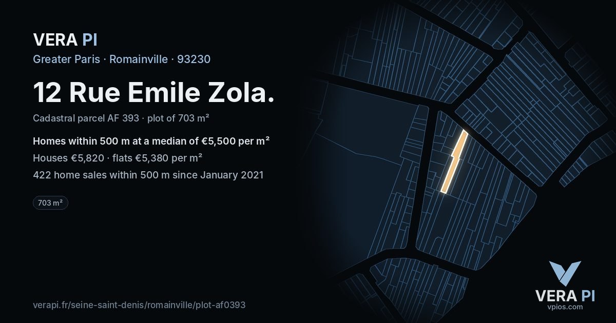 12 Rue Emile Zola, Romainville at night – the plot lit, the parcels around coloured by the prices near them