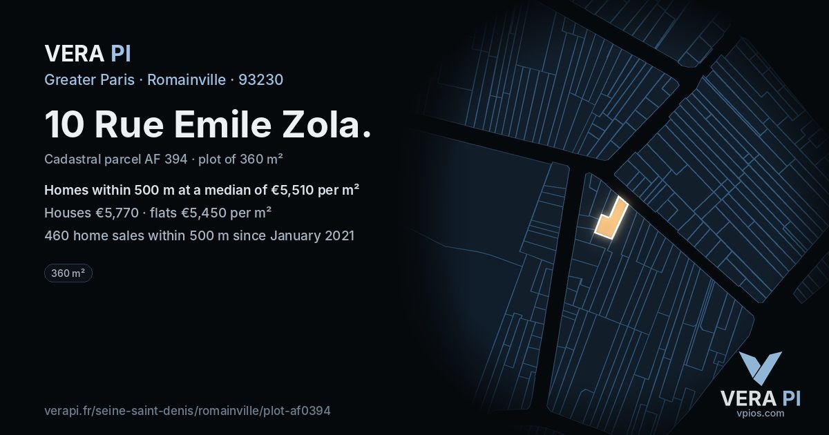 10 Rue Emile Zola, Romainville at night – the plot lit, the parcels around coloured by the prices near them
