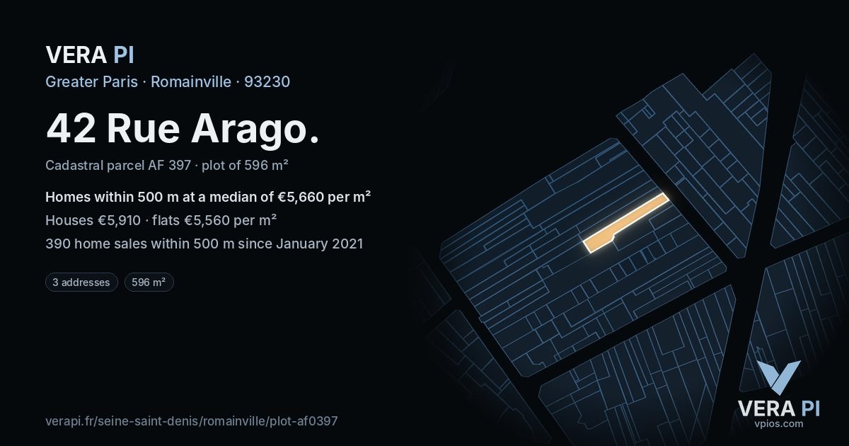 42 Rue Arago, Romainville at night – the plot lit, the parcels around coloured by the prices near them