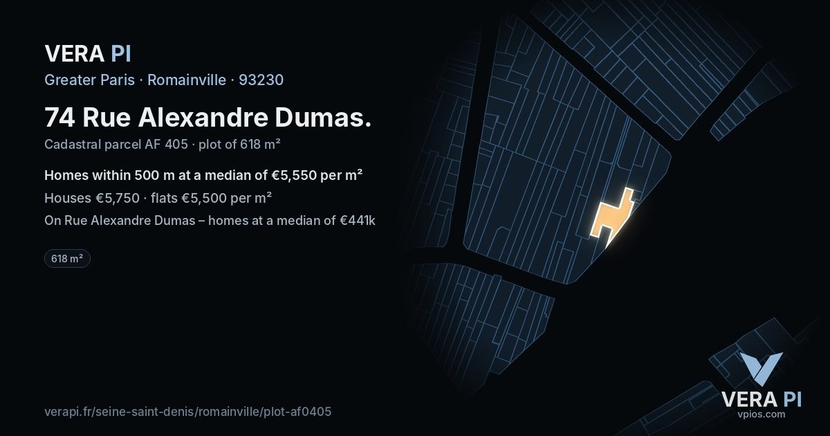 74 Rue Alexandre Dumas, Romainville at night – the plot lit, the parcels around coloured by the prices near them