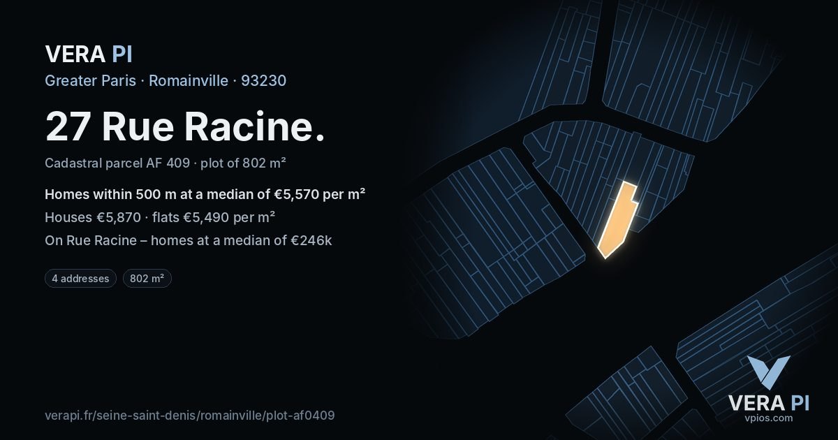 27 Rue Racine, Romainville at night – the plot lit, the parcels around coloured by the prices near them