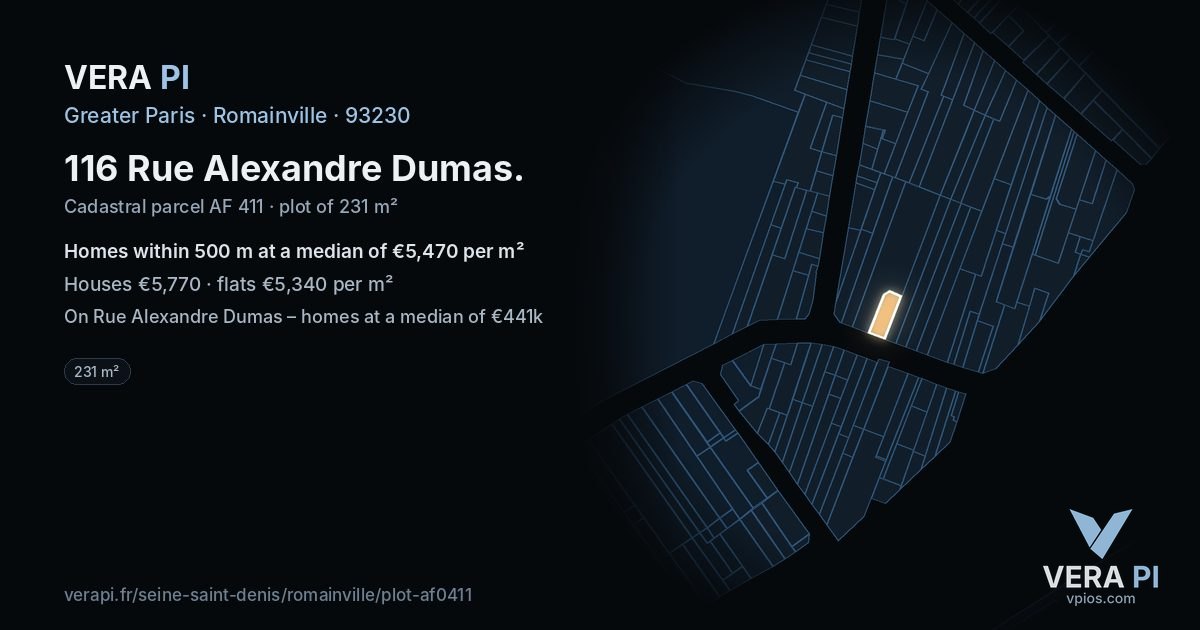 116 Rue Alexandre Dumas, Romainville at night – the plot lit, the parcels around coloured by the prices near them