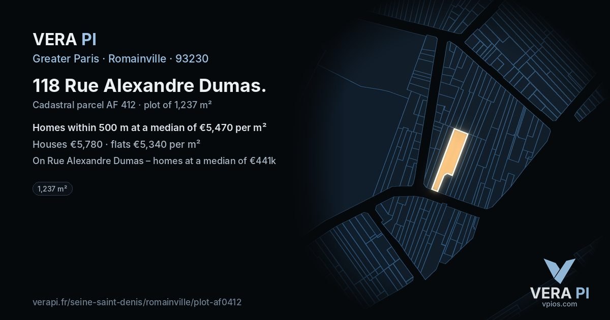 118 Rue Alexandre Dumas, Romainville at night – the plot lit, the parcels around coloured by the prices near them
