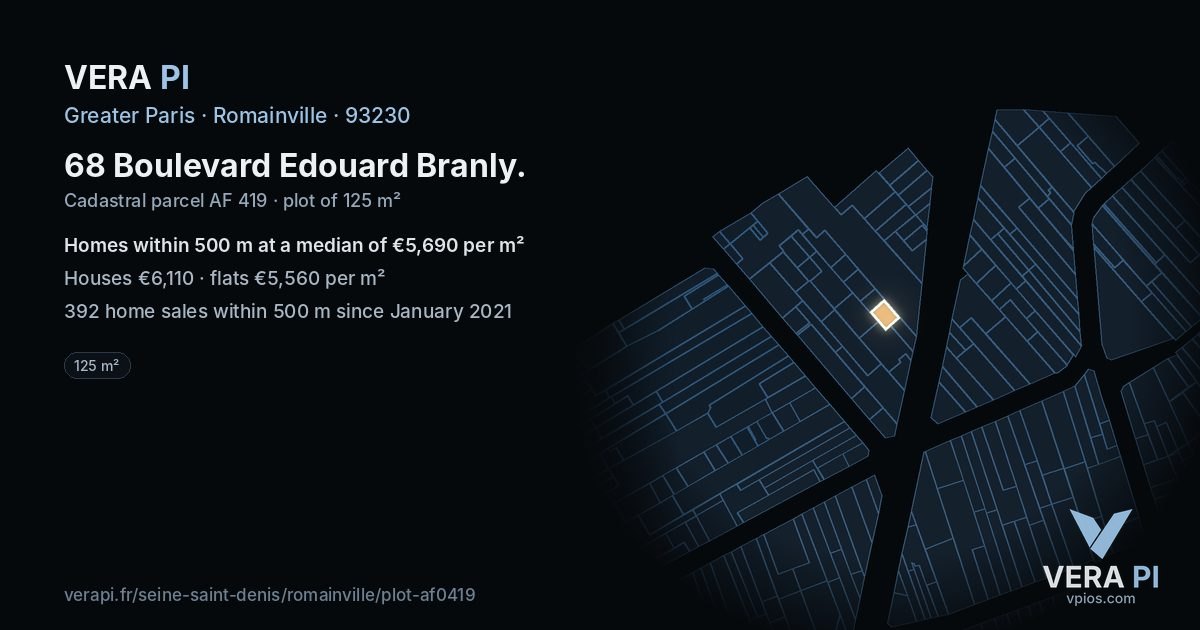68 Boulevard Edouard Branly, Romainville at night – the plot lit, the parcels around coloured by the prices near them