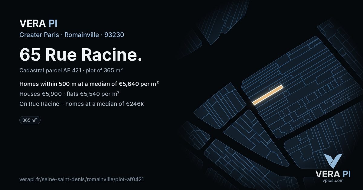 65 Rue Racine, Romainville at night – the plot lit, the parcels around coloured by the prices near them