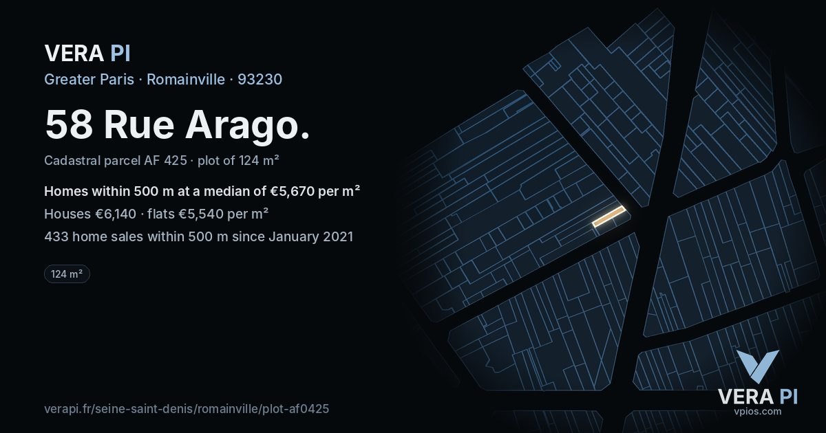 58 Rue Arago, Romainville at night – the plot lit, the parcels around coloured by the prices near them