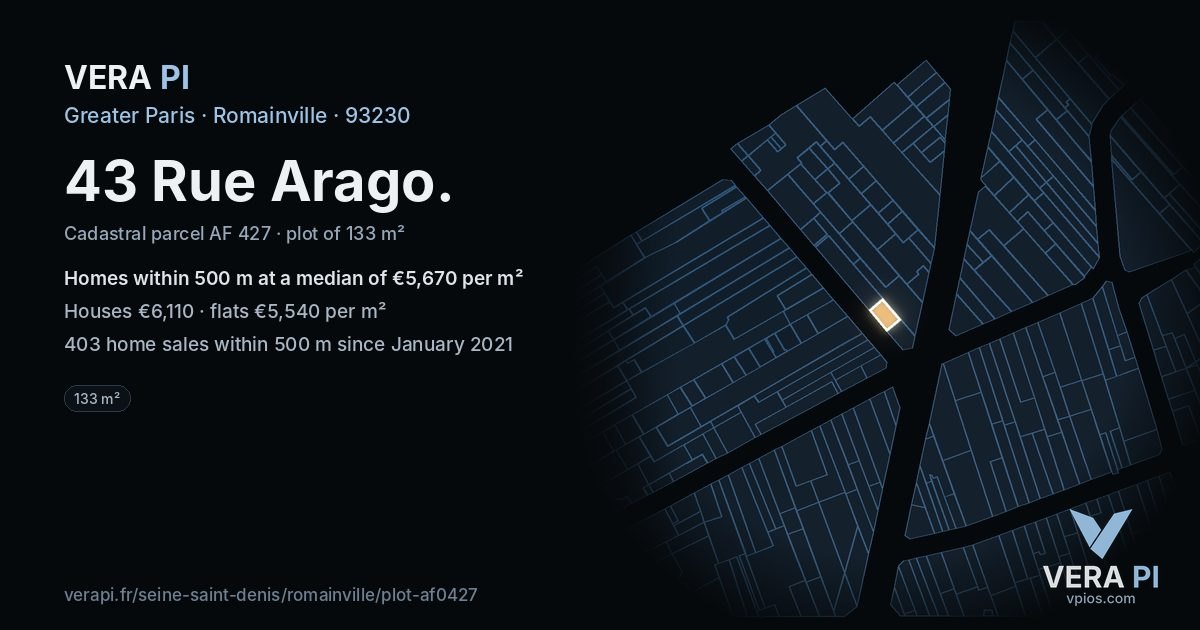 43 Rue Arago, Romainville at night – the plot lit, the parcels around coloured by the prices near them