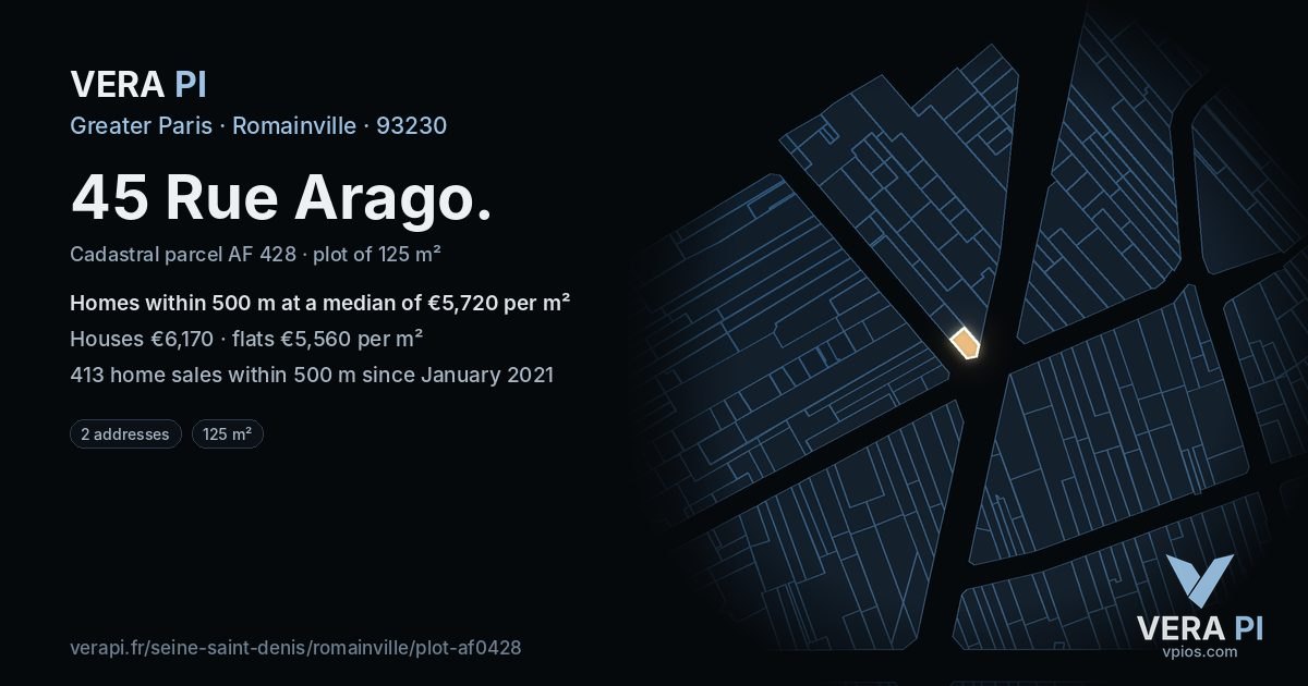 45 Rue Arago, Romainville at night – the plot lit, the parcels around coloured by the prices near them