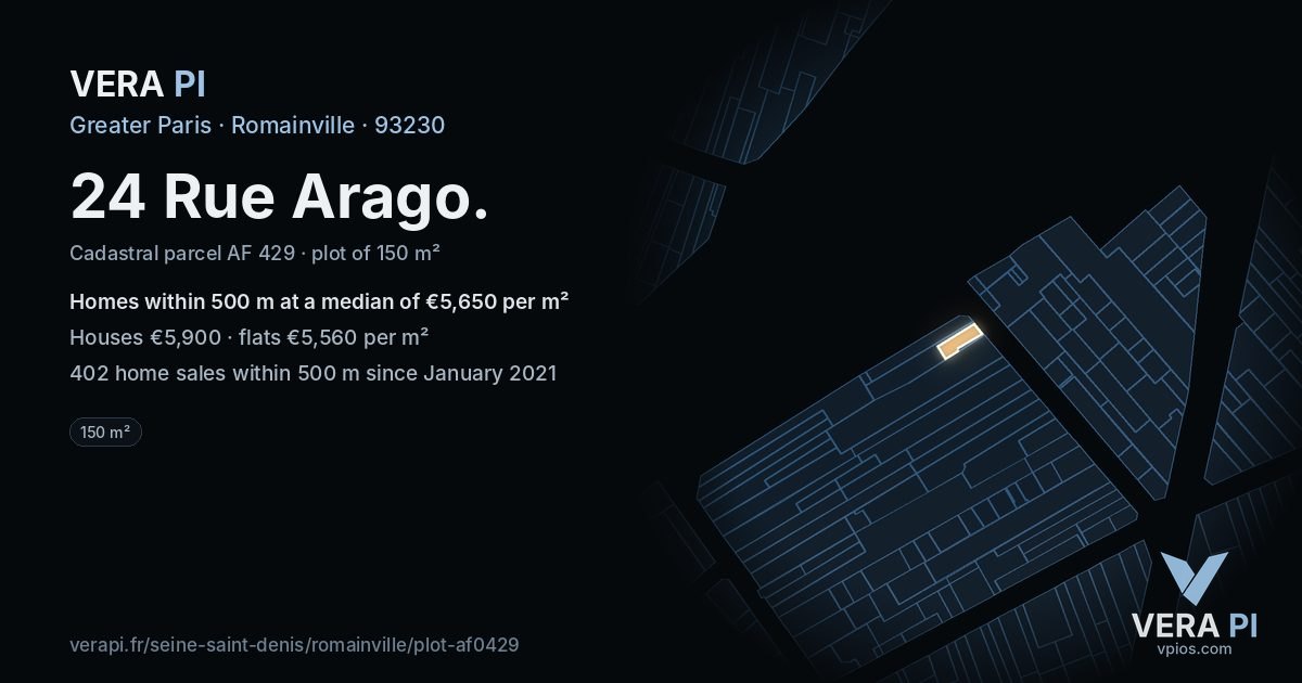 24 Rue Arago, Romainville at night – the plot lit, the parcels around coloured by the prices near them