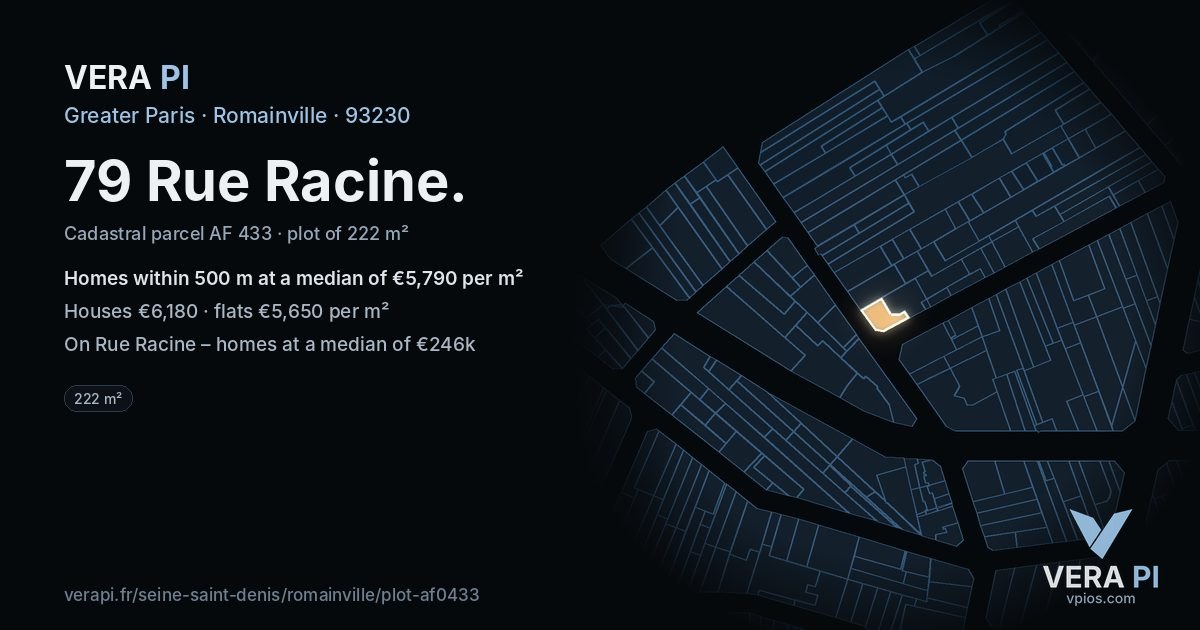 79 Rue Racine, Romainville at night – the plot lit, the parcels around coloured by the prices near them