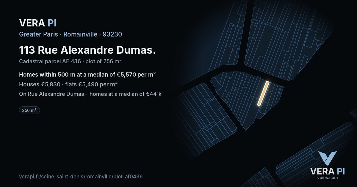 113 Rue Alexandre Dumas, Romainville at night – the plot lit, the parcels around coloured by the prices near them