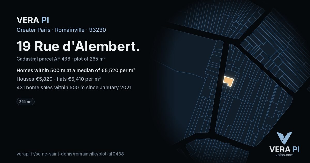 19 Rue d'Alembert, Romainville at night – the plot lit, the parcels around coloured by the prices near them