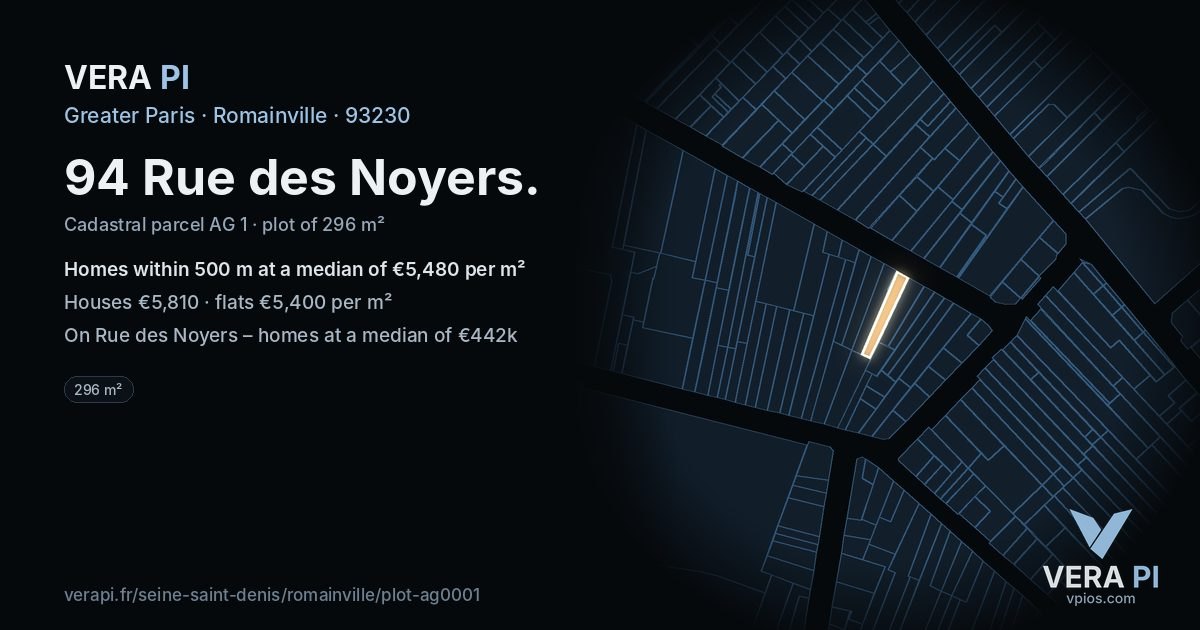 94 Rue des Noyers, Romainville at night – the plot lit, the parcels around coloured by the prices near them