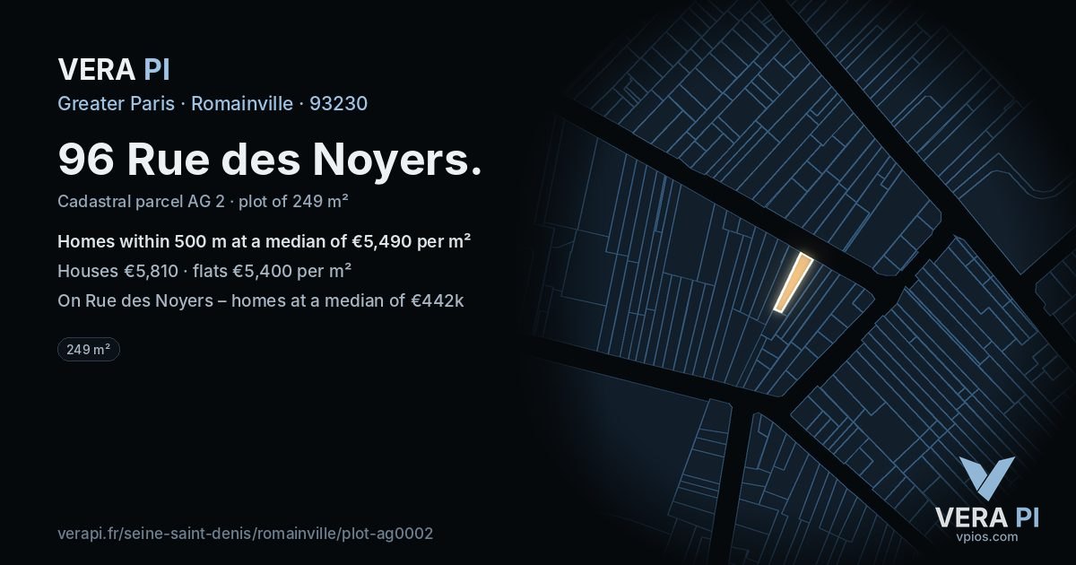 96 Rue des Noyers, Romainville at night – the plot lit, the parcels around coloured by the prices near them