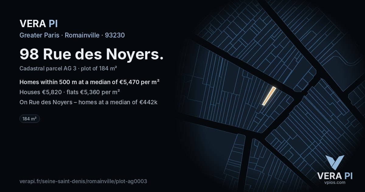 98 Rue des Noyers, Romainville at night – the plot lit, the parcels around coloured by the prices near them