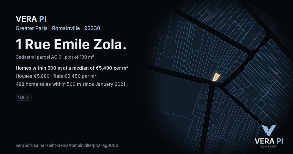 1 Rue Emile Zola, Romainville at night – the plot lit, the parcels around coloured by the prices near them