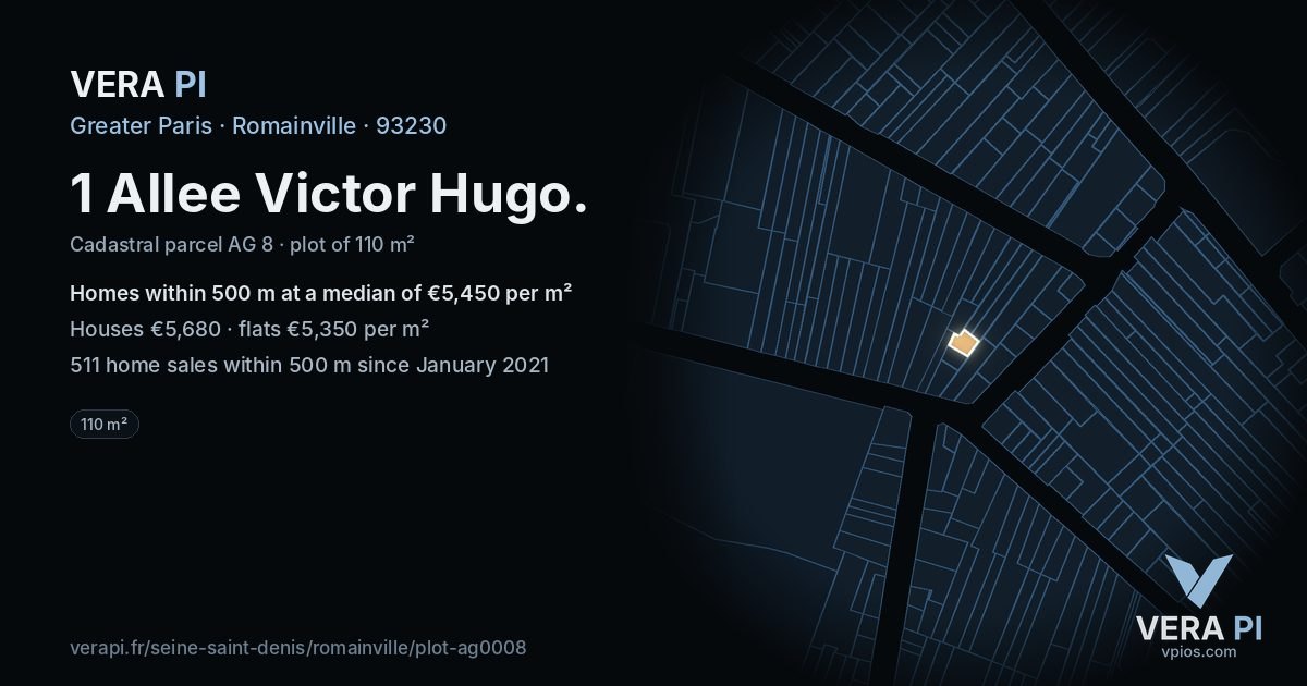 1 Allee Victor Hugo, Romainville at night – the plot lit, the parcels around coloured by the prices near them