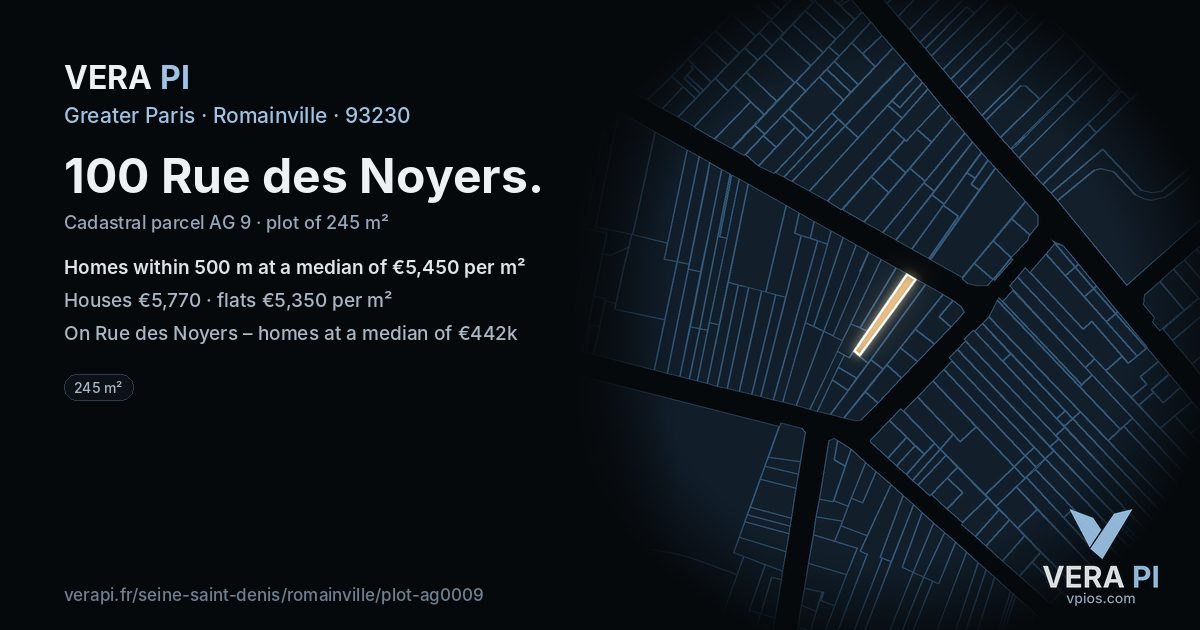 100 Rue des Noyers, Romainville at night – the plot lit, the parcels around coloured by the prices near them