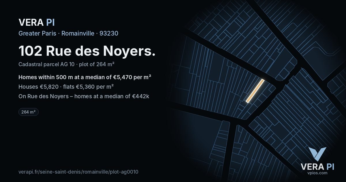 102 Rue des Noyers, Romainville at night – the plot lit, the parcels around coloured by the prices near them