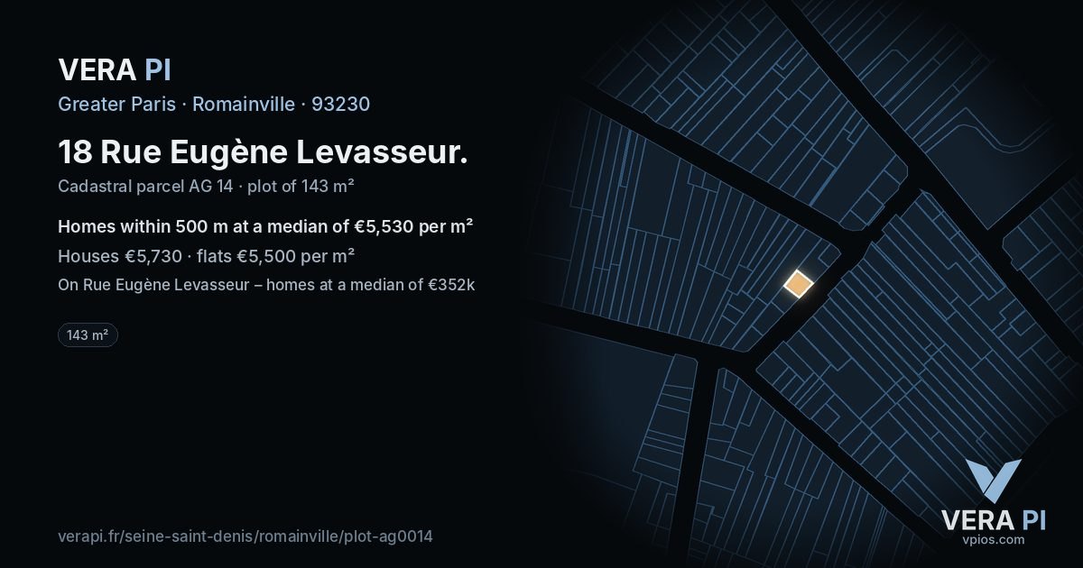 18 Rue Eugène Levasseur, Romainville at night – the plot lit, the parcels around coloured by the prices near them