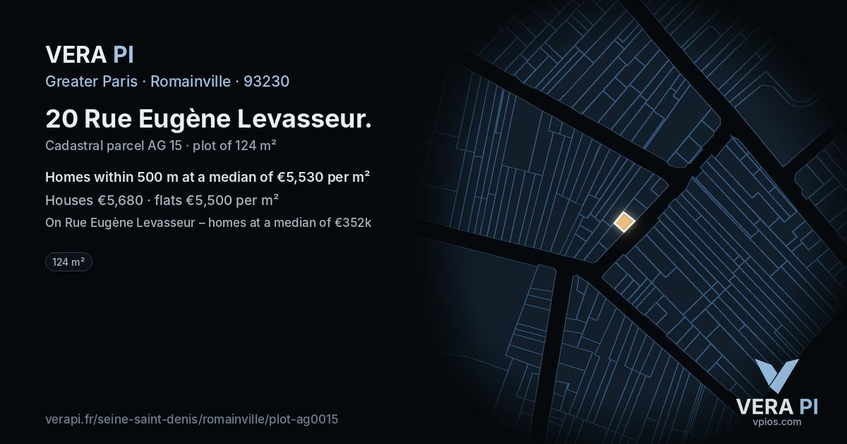 20 Rue Eugène Levasseur, Romainville at night – the plot lit, the parcels around coloured by the prices near them
