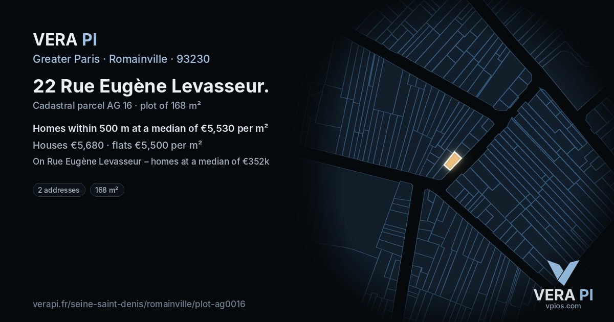 22 Rue Eugène Levasseur, Romainville at night – the plot lit, the parcels around coloured by the prices near them