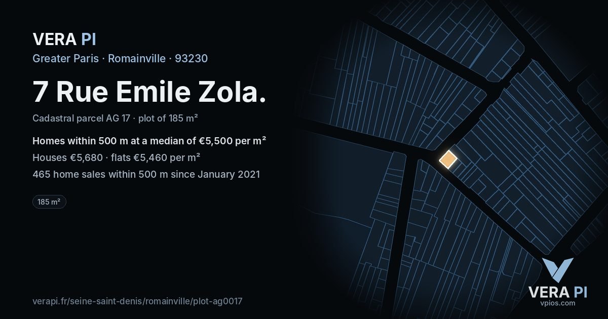 7 Rue Emile Zola, Romainville at night – the plot lit, the parcels around coloured by the prices near them