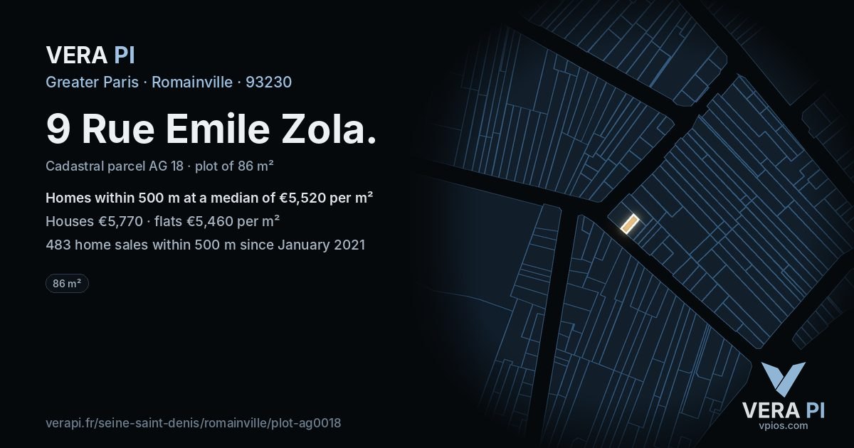 9 Rue Emile Zola, Romainville at night – the plot lit, the parcels around coloured by the prices near them