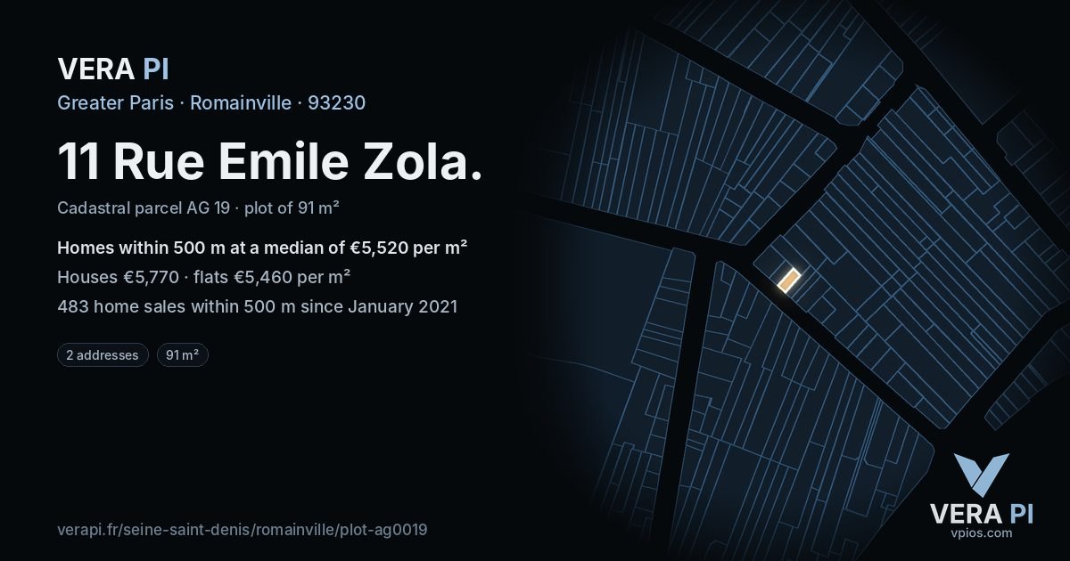 11 Rue Emile Zola, Romainville at night – the plot lit, the parcels around coloured by the prices near them