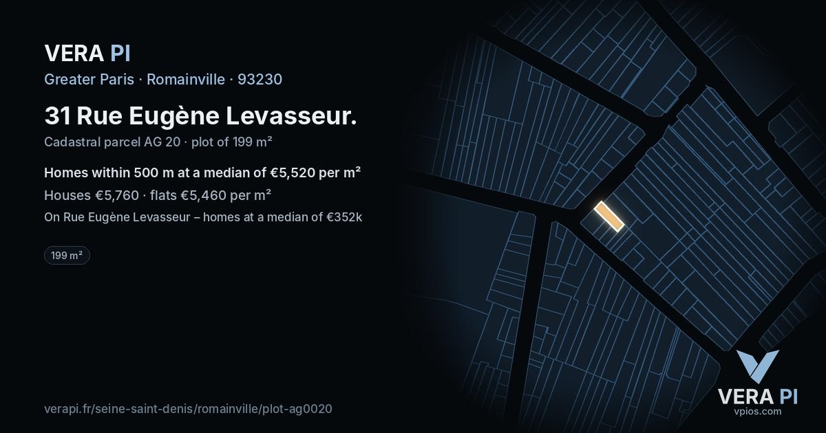31 Rue Eugène Levasseur, Romainville at night – the plot lit, the parcels around coloured by the prices near them